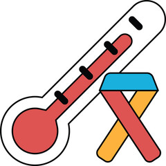 A black and white drawing of a thermometer with a wooden stool next to it