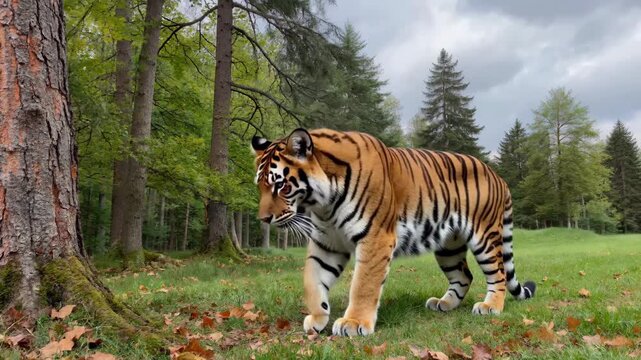 there is a tiger standing in the grass near a tree