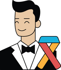 A man in a suit and tie is smiling and holding a tie