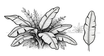 Detailed black and white illustration of lush banana leaves and tropical foliage in a natural setting