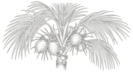 Detailed Botanical Sketch of a Coconut Palm Tree with Ripe Coconuts