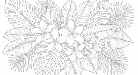 Exquisite Tropical Flower and Leaf Illustration for Coloring Pages and Artistic Projects