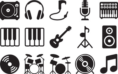 Obraz premium Collection of music instruments and elements illustrated in simple black and white style