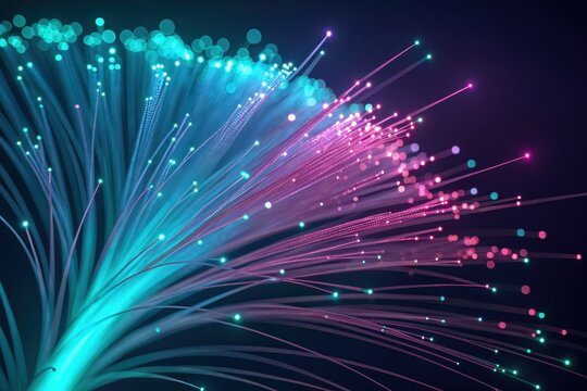 Macro view of glowing fiber optic cables for fast data transfer