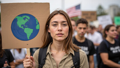 Young woman holding earth sign during climate protest in city  