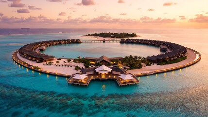Aerial view of a circular overwater bungalow resort in the maldives at sunset with turquoise ocean and distant island
