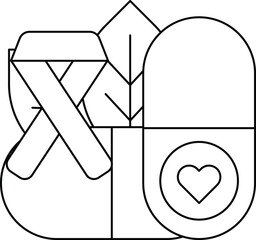 A black and white drawing of a heart, a leaf, and a ribbon