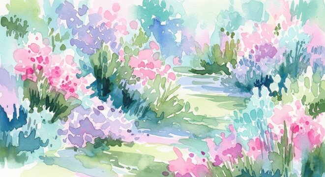 A vibrant watercolor painting of a garden with pink and purple flowers, green grass, and a winding path leading through the scene.