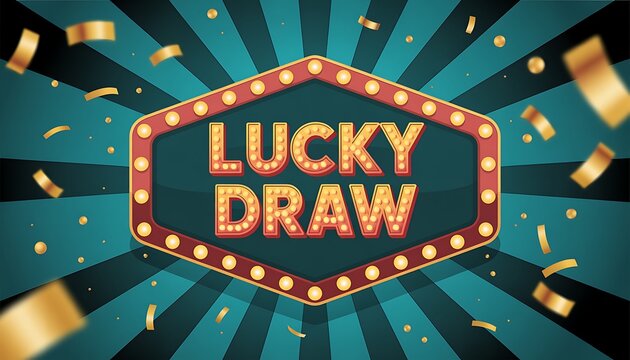 Brightly lit hexagonal marquee sign displaying the words lucky draw surrounded by falling golden confetti against a teal sunburst background