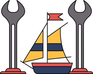 A black and white drawing of a boat, a wrench, and a flag