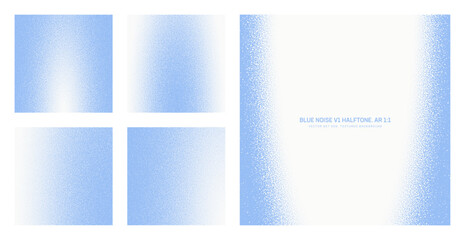 Assorted vector blue noise halftone pattern set in square 1:1 aspect ratio including elliptical frame and various smooth blurred textures. Different half tone grainy texture design elements collection