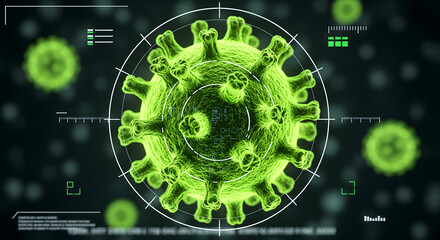 Modern digital display shows vibrant green virus cell under close observation