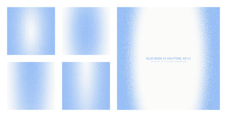 Assorted vector blue noise halftone pattern set in square 1:1 aspect ratio including round smooth blurred oval frame and various textures. Varied half tone grain texture design element collection