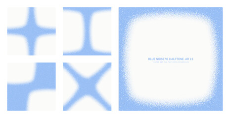 Assorted vector blue noise halftone pattern set in square 1:1 aspect ratio including rounded frame and various unique textures. Miscellaneous half tone graphic grainy texture design element collection