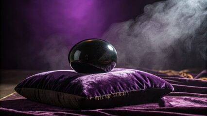 Obraz premium Shiny Obsidian Sphere Resting on a Velvet Cushion with Smoke