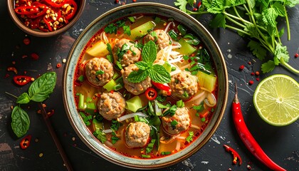 Overhead shot of a vibrant bowl of flavorful meatball soup, side garnishes