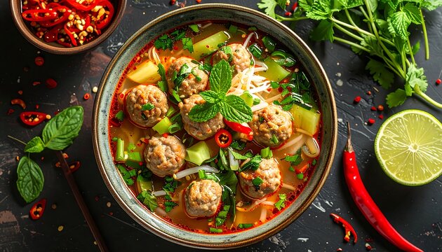 Overhead shot of a vibrant bowl of flavorful meatball soup, side garnishes