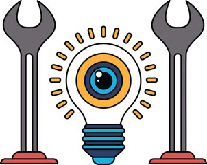 A light bulb is surrounded by two wrenches