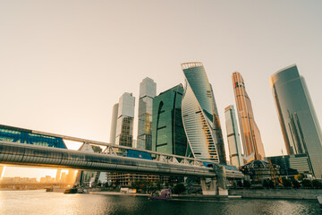 High buildings of Moscow-City at Moskva River at summer sunset, Russia - 29 sep 2025