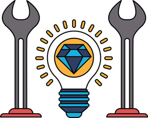A black and white drawing of a wrench, a light bulb, and a diamond