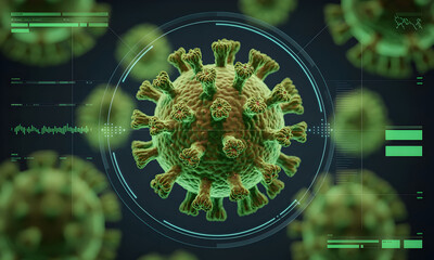 Digital virus render with futuristic interface, showing health monitoring data