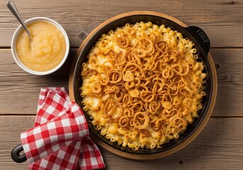 Traditional swiss alpine macaroni with fried onions and applesauce on rustic wooden table
