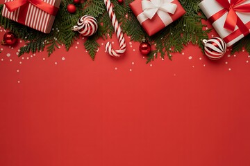 Festive christmas decorations including wrapped gifts candy canes ornaments and pine needles on a vibrant red background with copy space