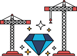 Two cranes are shown with a diamond in between them