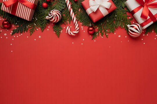 Festive christmas decorations including wrapped gifts candy canes ornaments and pine needles on a vibrant red background with copy space
