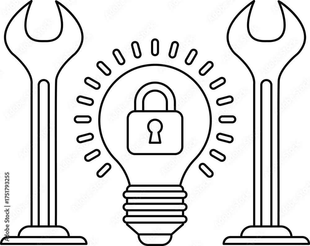 Canvas Prints a light bulb is surrounded by two wrenches and a lock