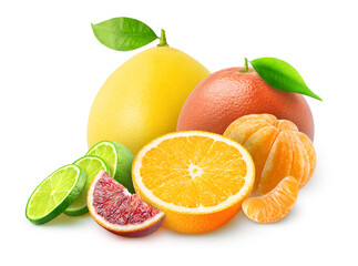 Pile of citrus fruits. Pomelo, lime, orange, tangerine, blood orange isolated on white background