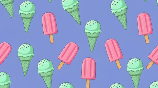 A delightful pattern of mint green ice cream cones and pink popsicles scattered across a vibrant purple background.