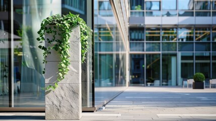 A modern building exterior with large glass windows. A tall marble planter holds lush green ivy. The scene is bright and clean, showcasing urban architecture.