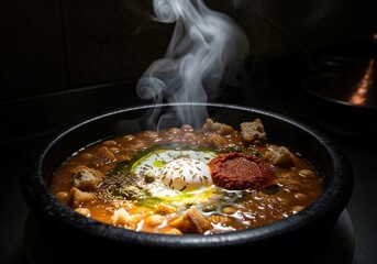 Fototapeta premium Steaming bowl of traditional Tunisian Lablabi a hearty chickpea soup with egg and harissa