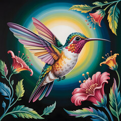 Obraz premium A vibrant hummingbird in flight amidst colorful flowers and a radiant light source