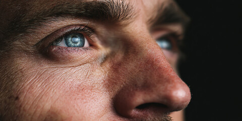 Fototapeta premium Close up of person eye, showcasing striking blue irises and detailed skin texture, evokes sense of introspection and depth