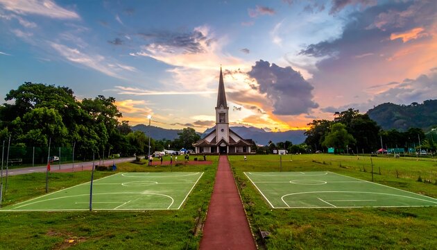 Vibrant Sunset Over Community Church and Sports Courts
