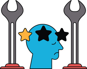 A man with a star on his head is surrounded by two large metal poles