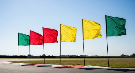 Colorful flags waving at a race track under clear blue sky