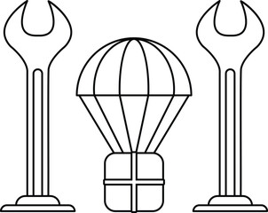 A black and white drawing of a wrench, a box, and an umbrella