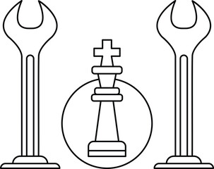 A black and white drawing of a king, a wrench, and a screwdriver