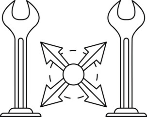 A black and white drawing of a wrench