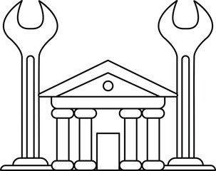 A building with a large door and two pillars