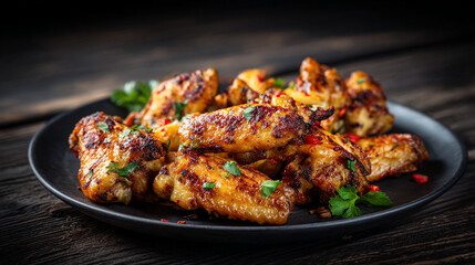 Fototapeta premium Close up of a plate of grilled chicken wings with herbs and peppers