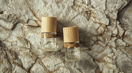 Empty glass bottles with wooden caps displayed on a stone surface