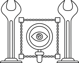 A black and white drawing of a wrench and a magnifying glass