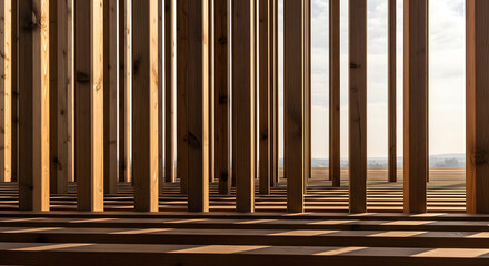 Obraz premium Architectural Details of Modern Wooden Structure with Sunlight Passing Through Slats Creating Light and Shadow Play on Steps
