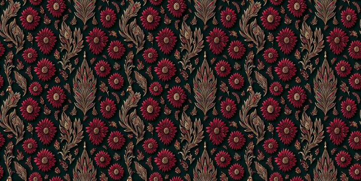 Luxurious seamless wedding pattern featuring Indian mehndi motifs, peacocks, bangles, and marigold flowers in rich red and gold hues