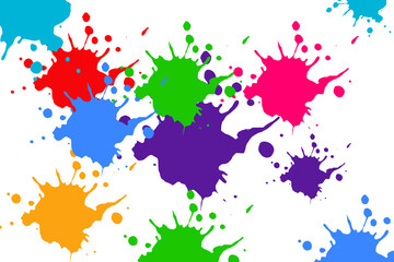 An array of colorful paint splashes in various bright hues, including red, blue, green, purple, orange