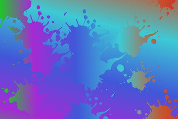 A vibrant abstract design with colorful paint splatters across a gradient background. The splatters vary in size and shape